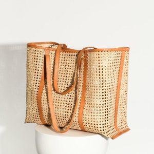 Large Woven Rattan + Leather Tote Bags + Clutches