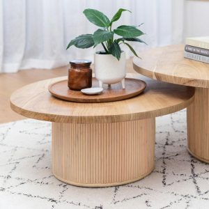 Round Timber & Rattan Coffee Table Coffee & Side Tables