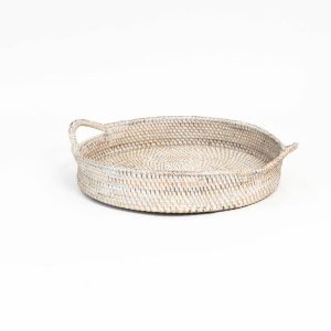 White Round Rattan Tray With Handles Homewares