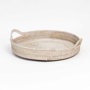 White Round Rattan Tray With Handles Homewares