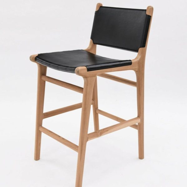 Zigi Flat Leather & Teak Stool – With Back Furniture