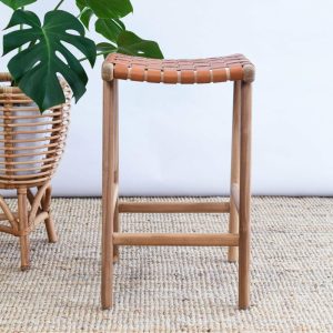 Zigi Teak + Woven Leather Stool Furniture