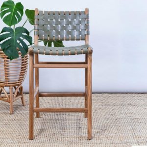 Zigi Teak + Woven Leather Stool – With Back Furniture