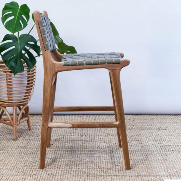 Zigi Teak + Woven Leather Stool – With Back Furniture