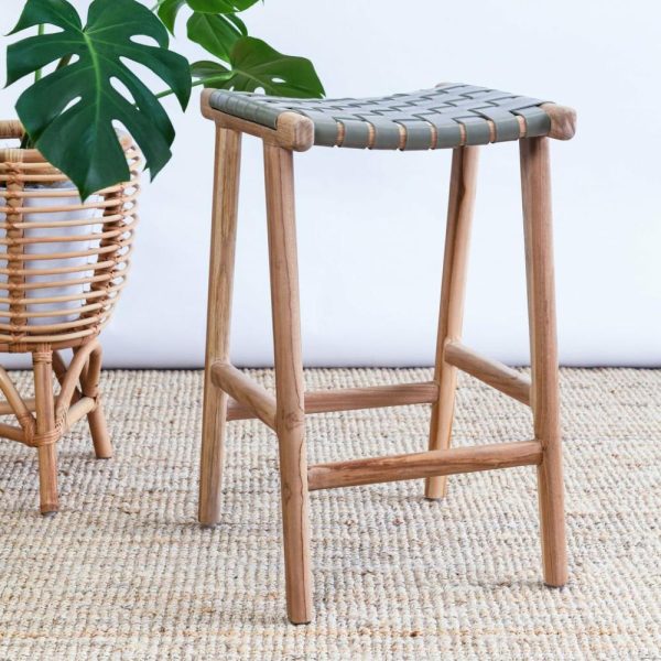 Zigi Teak + Woven Leather Stool Furniture