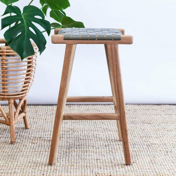 Zigi Teak + Woven Leather Stool Furniture