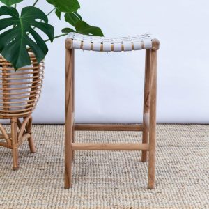 Zigi Teak + Woven Leather Stool